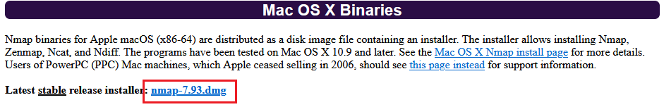 Lien téléchargement binaire nmap sous Mac OS