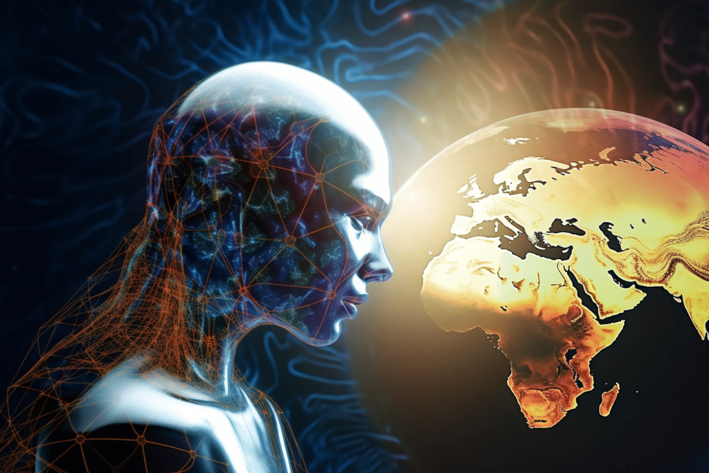 profil humain face à un globe terrestre, symbolisant l'impact mondial de l'intelligence artificielle (IA).
