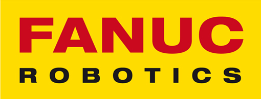 Logo entreprise FANUC ROBOTICS, avec les écritures rouge et noir et le fond jaune