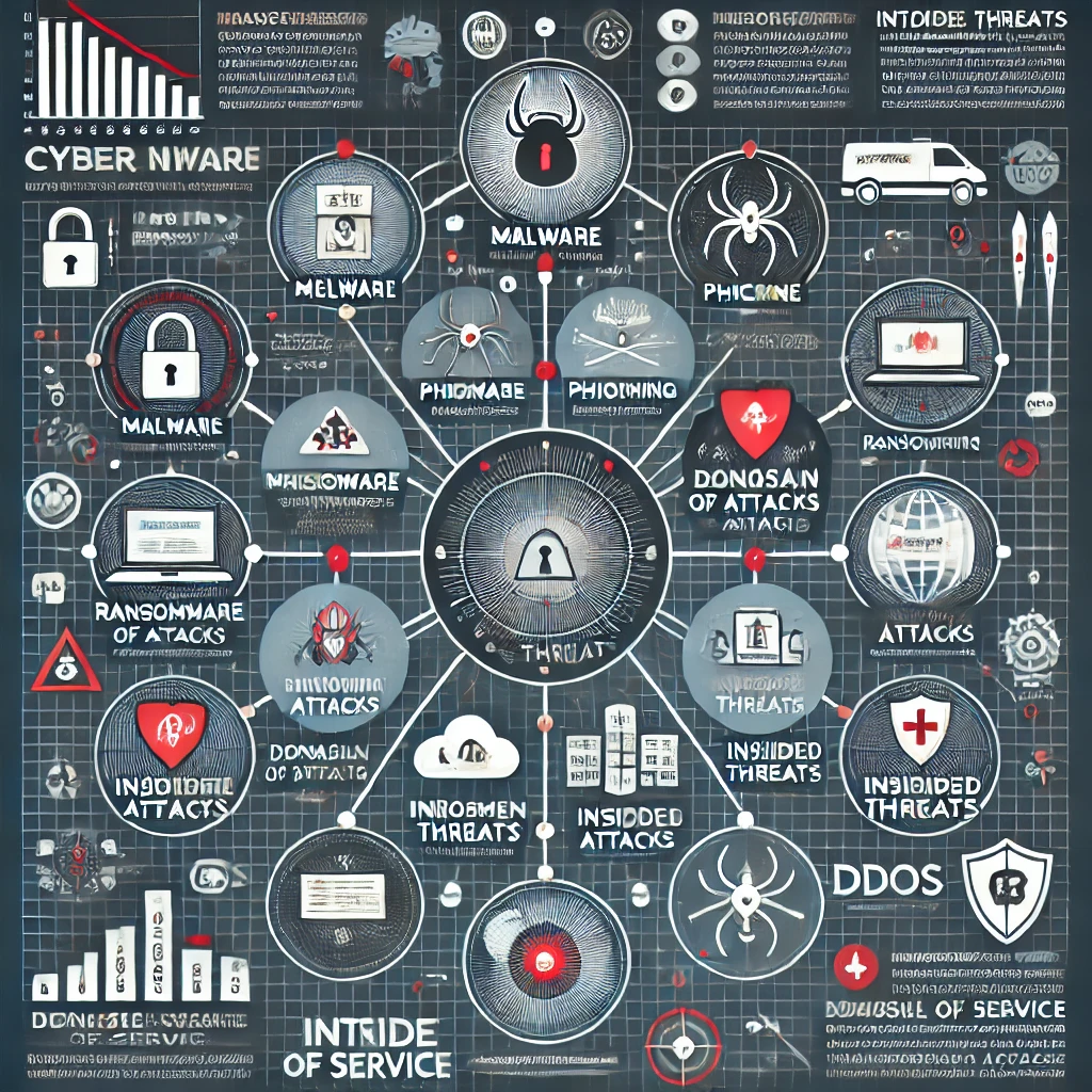 une infographie alternative qui présente les types de menaces visant les réseaux, avec des étiquettes claires, une mise en page structurée et un design axé sur la technologie.